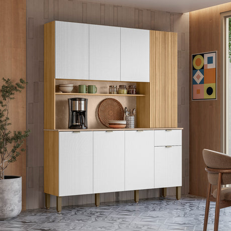 Alacena Slow Castaño y Blanco 200x161cm con Ocho Puertas y con Un Cajón - ALACENAS Y MUEBLES MICROONDAS | Bylmo