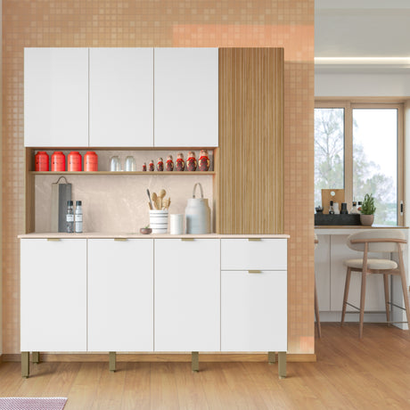 Alacena Slow Castaño y Blanco 200x161cm con Ocho Puertas y con Un Cajón - ALACENAS Y MUEBLES MICROONDAS | Bylmo