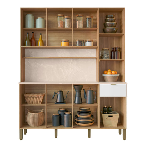 Alacena Slow Castaño y Blanco 200x161cm con Ocho Puertas y con Un Cajón - ALACENAS Y MUEBLES MICROONDAS | Bylmo