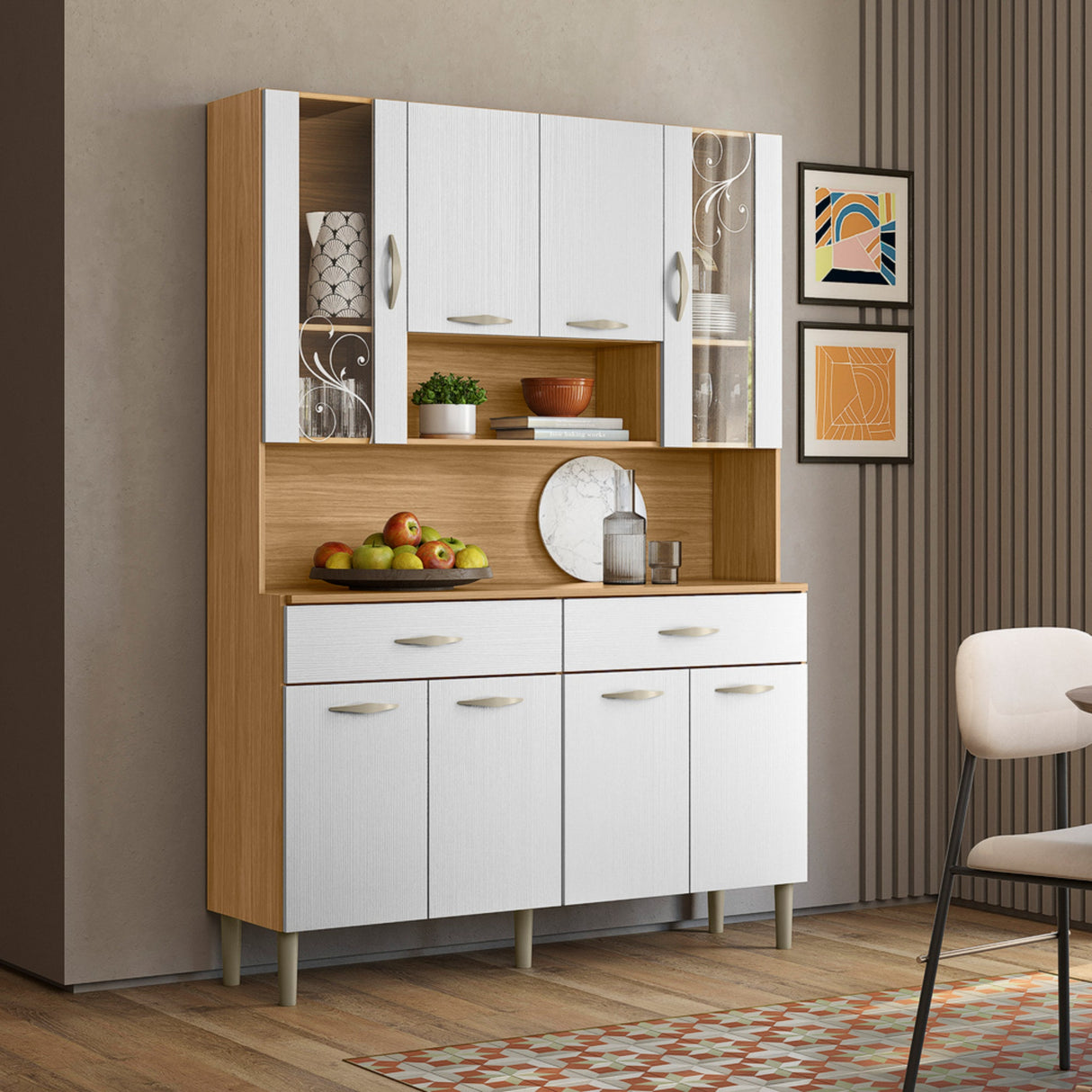 Alacena Golden Plus Castaño y Blanco 120x173cm con Ocho Puertas y con Dos Cajones - ALACENAS Y MUEBLES MICROONDAS | Bylmo