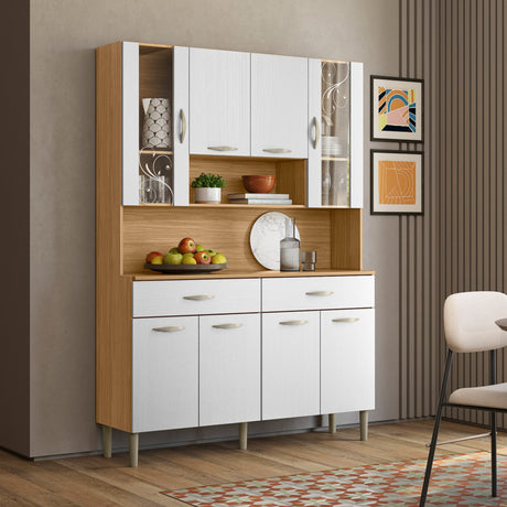 Alacena Golden Plus Castaño y Blanco 120x173cm con Ocho Puertas y con Dos Cajones - ALACENAS Y MUEBLES MICROONDAS | Bylmo
