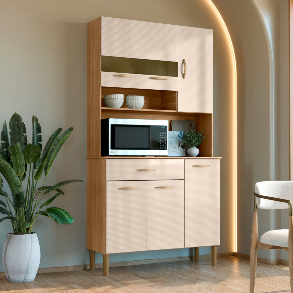 Alacena Vouge Light Castaño y Beige 90x176cm con Seis Puertas y con Un Cajón - ALACENAS Y MUEBLES MICROONDAS | Bylmo