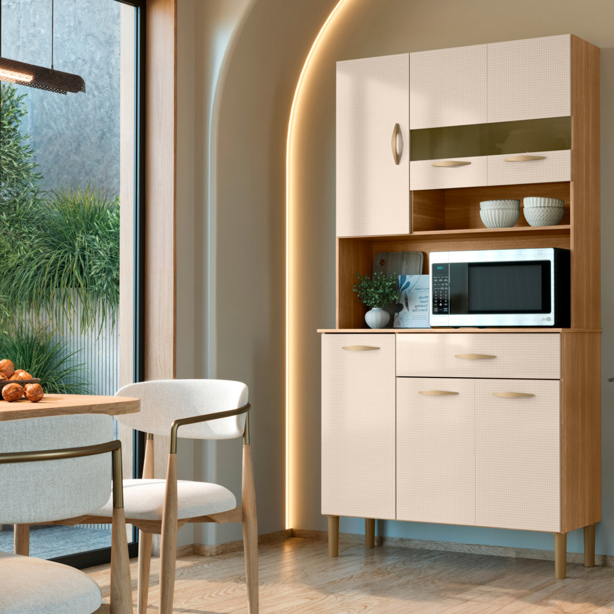 Alacena Vouge Light Castaño y Beige 90x176cm con Seis Puertas y con Un Cajón - ALACENAS Y MUEBLES MICROONDAS | Bylmo