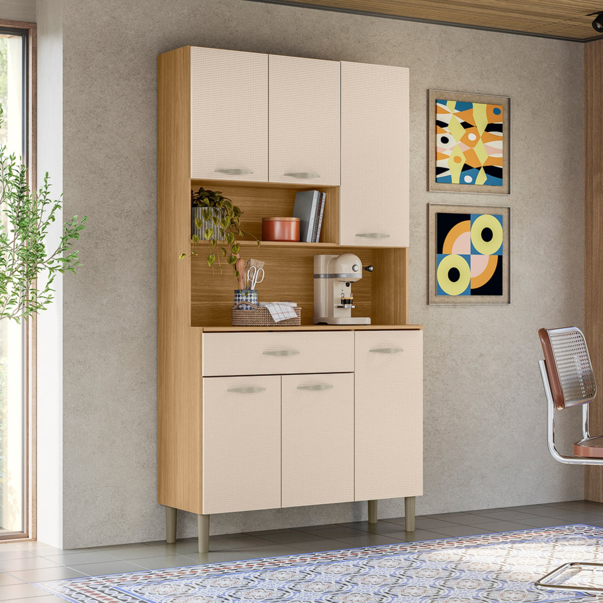 Alacena Juri Castaño y Beige 90x173cm con Seis Puertas y con Un Cajón - ALACENAS Y MUEBLES MICROONDAS | Bylmo