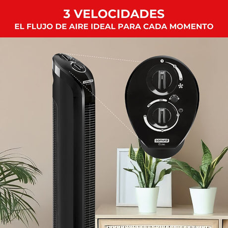 Ventilador de Torre Samurai Eole Negro 28x101cm de Tres Velocidades y con Temporizador - VENTILADORES | Bylmo