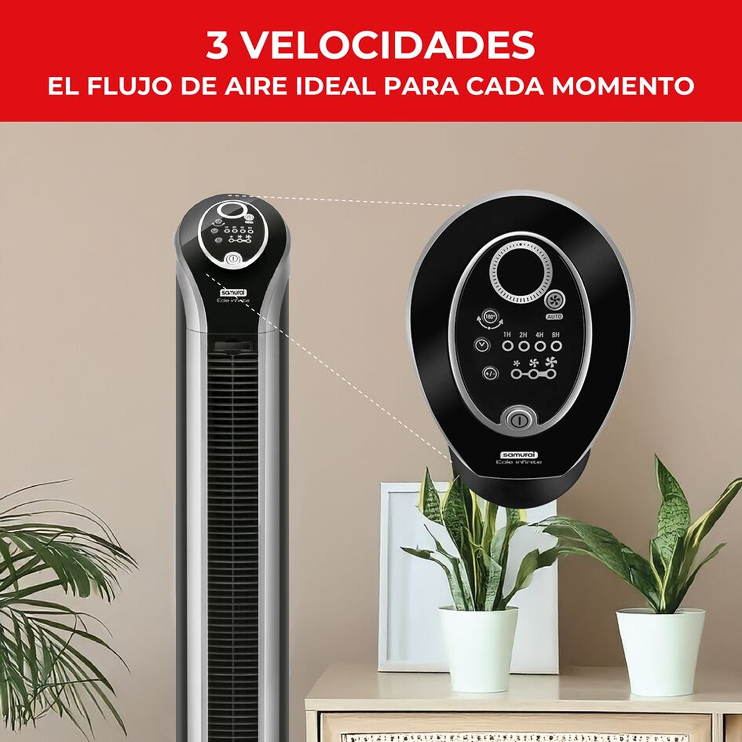 Ventilador de Torre Samurai Eole Infinite Plateado 28x100cm de Tres Velocidades con Control Remoto con Pantalla Digital y con Temporizador - VENTILADORES | Bylmo