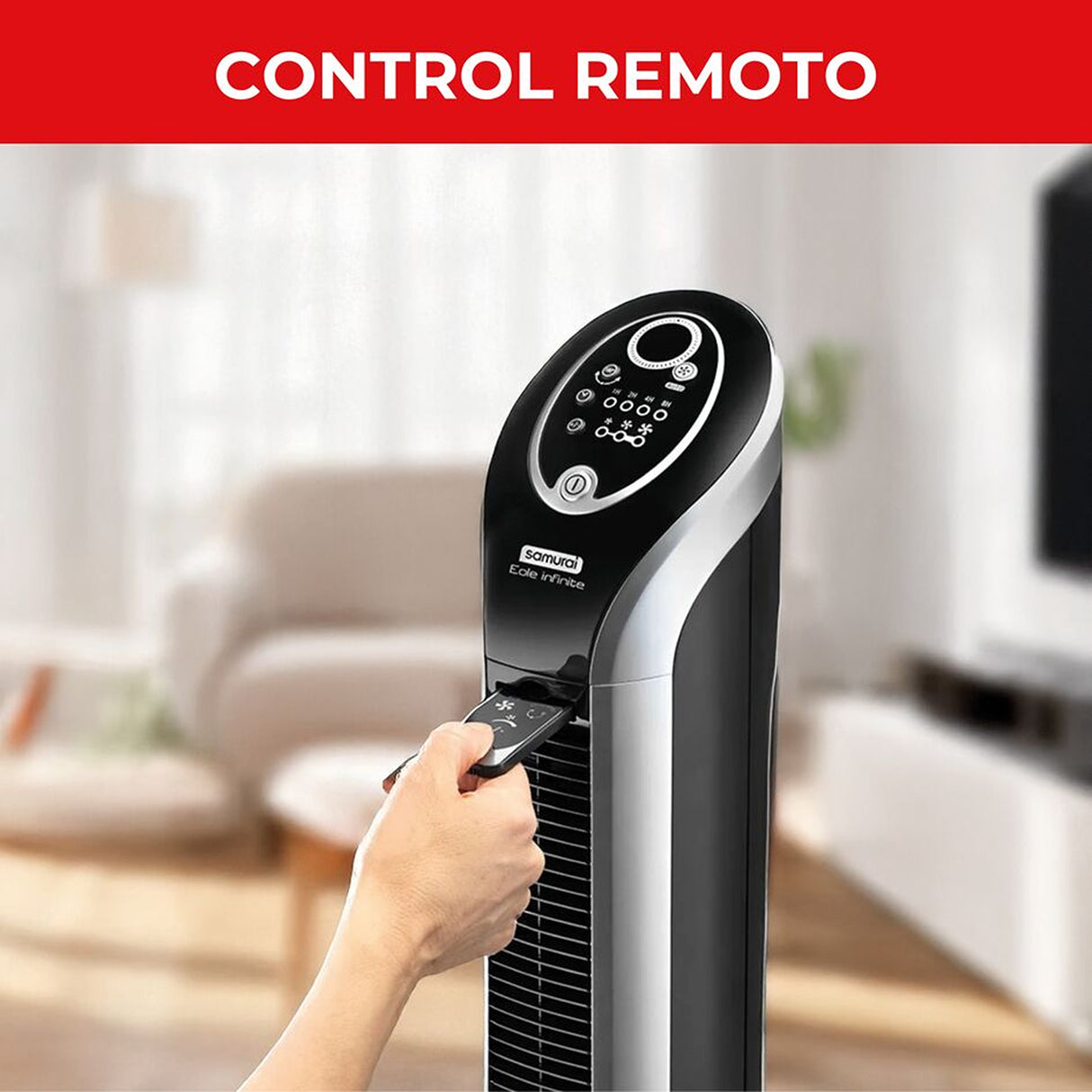 Ventilador de Torre Samurai Eole Infinite Plateado 28x100cm de Tres Velocidades con Control Remoto con Pantalla Digital y con Temporizador - VENTILADORES | Bylmo