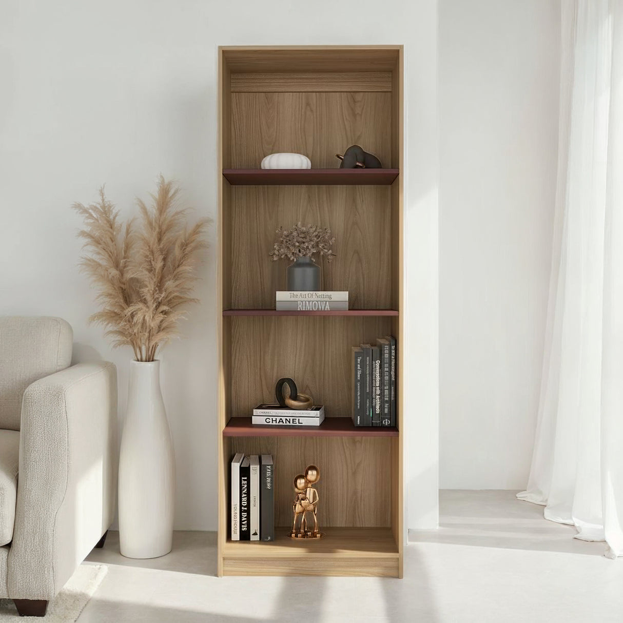 Estantería Home Fresno Europeo y Burdeos 62.8x180.6cm Rectangular con Cuatro Compartimiento y Tres Entrepaños - BIBLIOTECAS Y ESTANTERIAS | Bylmo