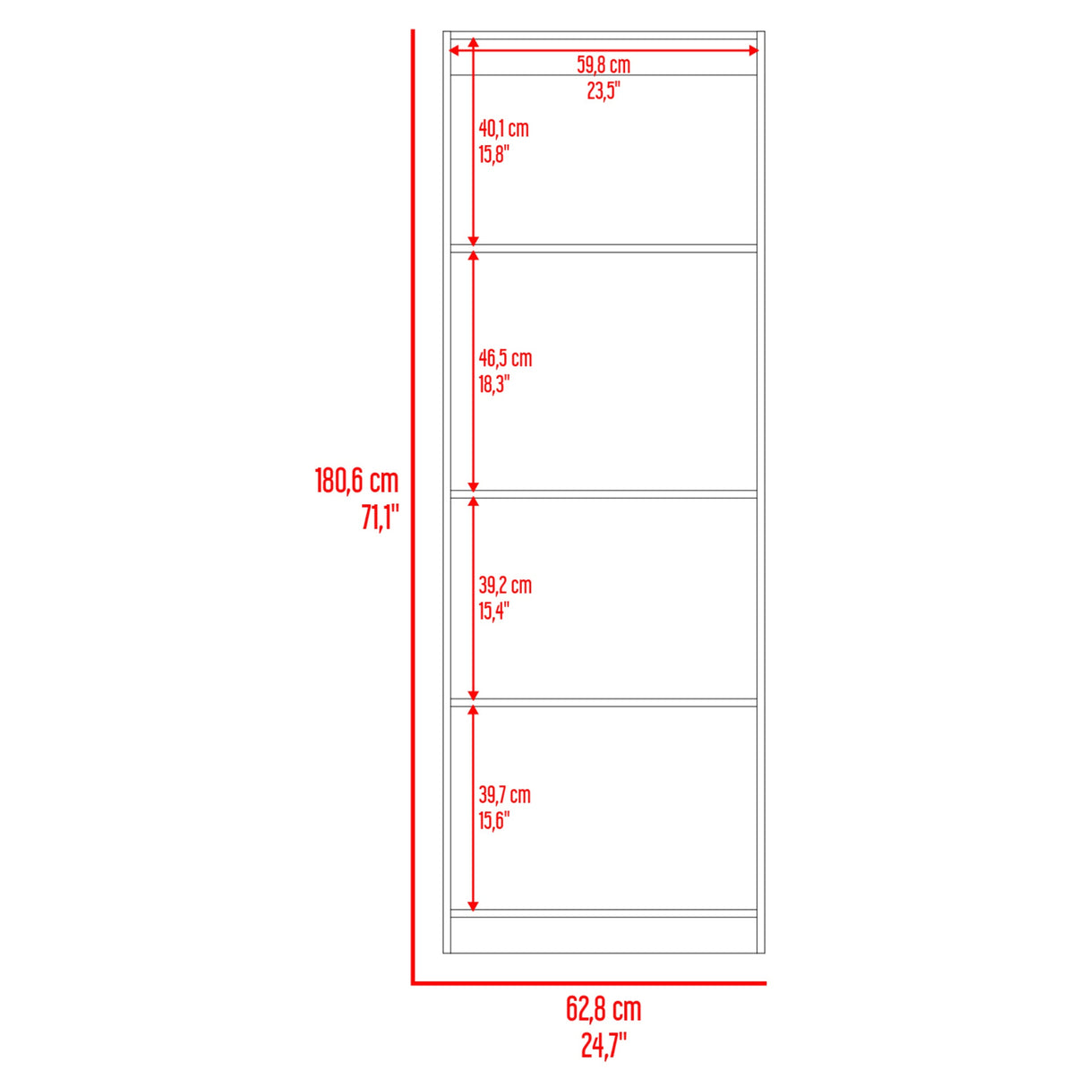 Estantería Home Fresno Europeo y Burdeos 62.8x180.6cm Rectangular con Cuatro Compartimiento y Tres Entrepaños - BIBLIOTECAS Y ESTANTERIAS | Bylmo