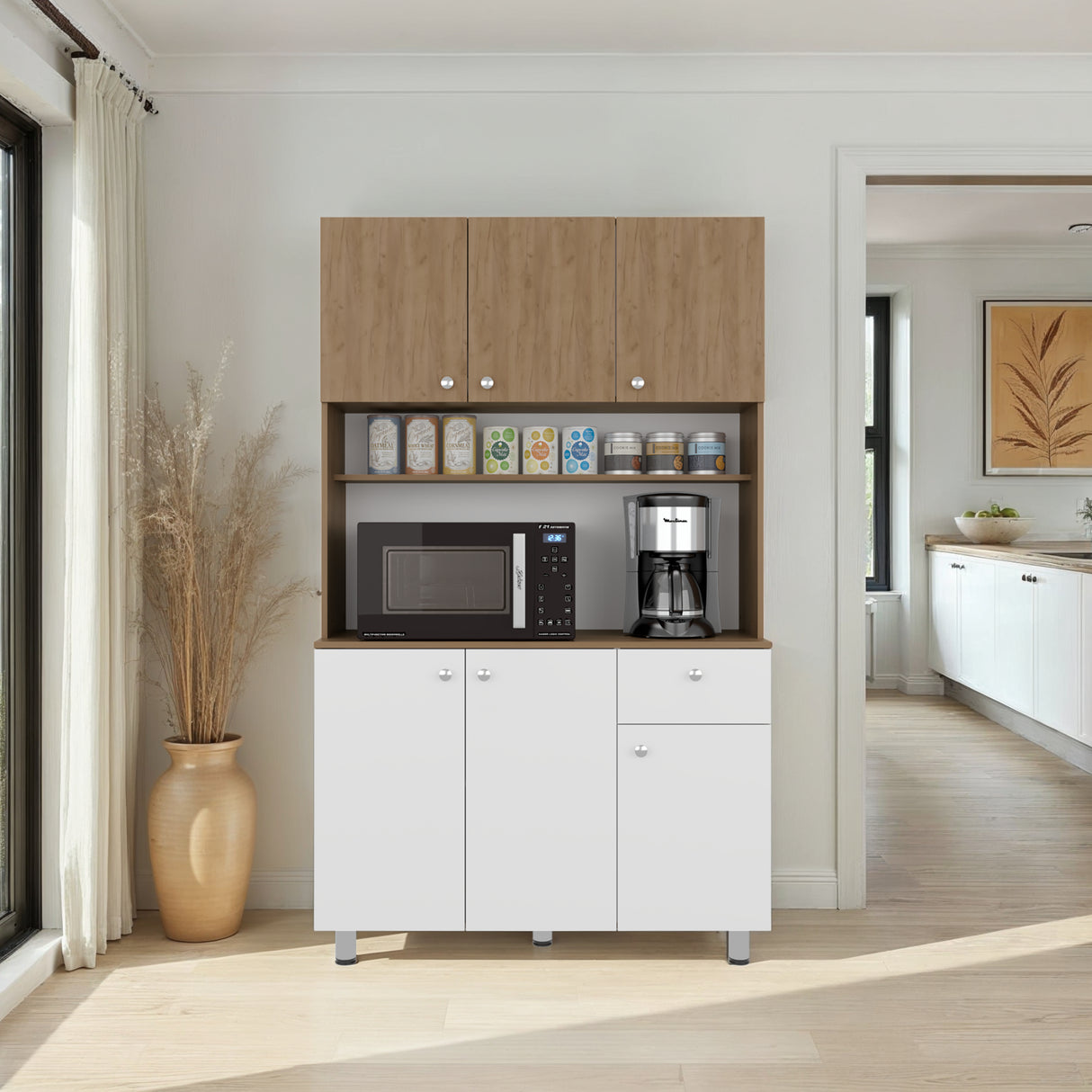 Alacena Wilson Blanco y Fresno 111x185cm Con Espacio para Microondas y con Seis Puertas - ALACENAS Y MUEBLES MICROONDAS | Bylmo