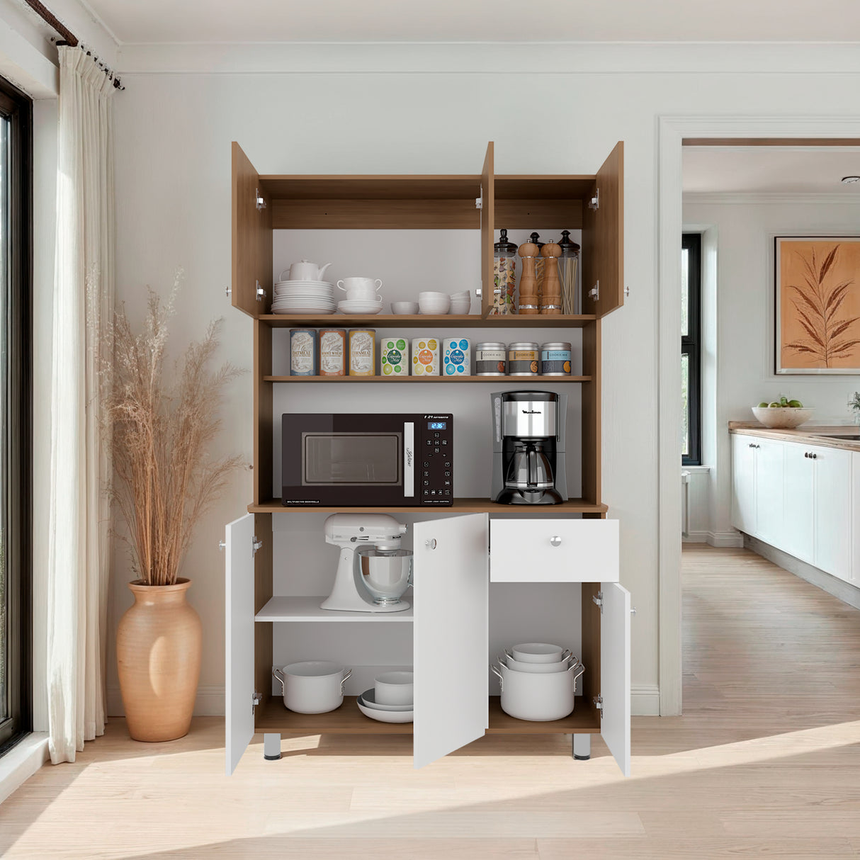 Alacena Wilson Blanco y Fresno 111x185cm Con Espacio para Microondas y con Seis Puertas - ALACENAS Y MUEBLES MICROONDAS | Bylmo