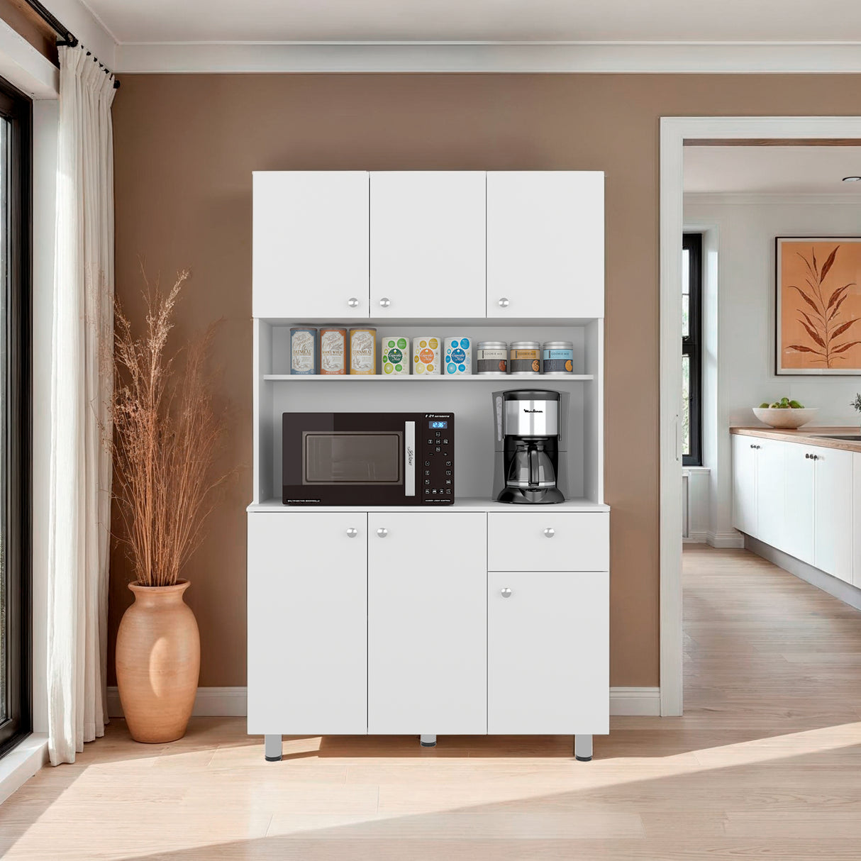 Alacena Wilson Blanco 111x185cm Con Espacio para Microondas y con Seis Puertas - ALACENAS Y MUEBLES MICROONDAS | Bylmo