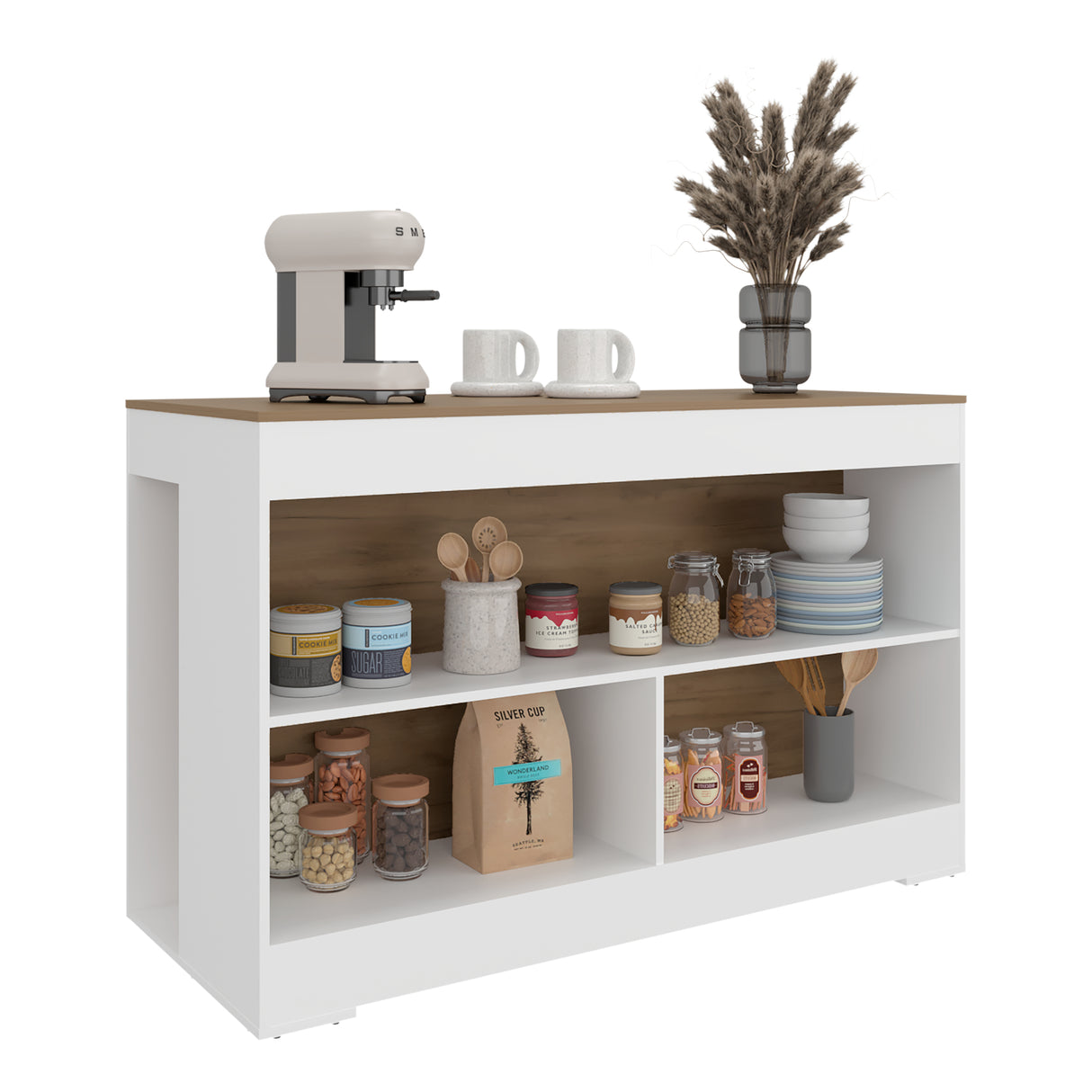 Barra de Cocina Cuenca Blanco y Fresno 138.2x88.5cm con Tres Compartimientos - BARRAS Y MUEBLES AUXILIARES | Bylmo