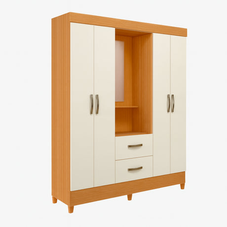 Armario para Ropa Moobi Café y Beige 147x181cm con Dos Cajones con Cuatro Puertas y con Espejo - CLOSETS | Bylmo