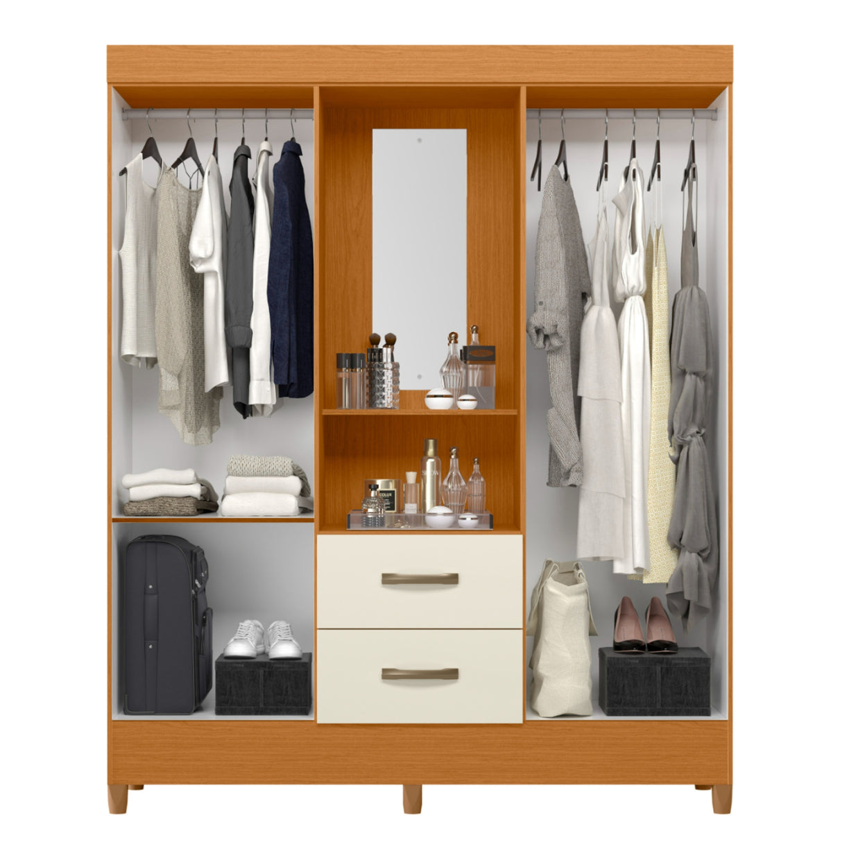 Armario para Ropa Moobi Café y Beige 147x181cm con Dos Cajones con Cuatro Puertas y con Espejo - CLOSETS | Bylmo