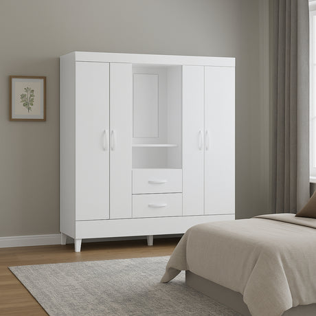 Armario para Ropa Moobi Blanco 147x181cm con Dos Cajones con Cuatro Puertas y con Espejo - CLOSETS | Bylmo
