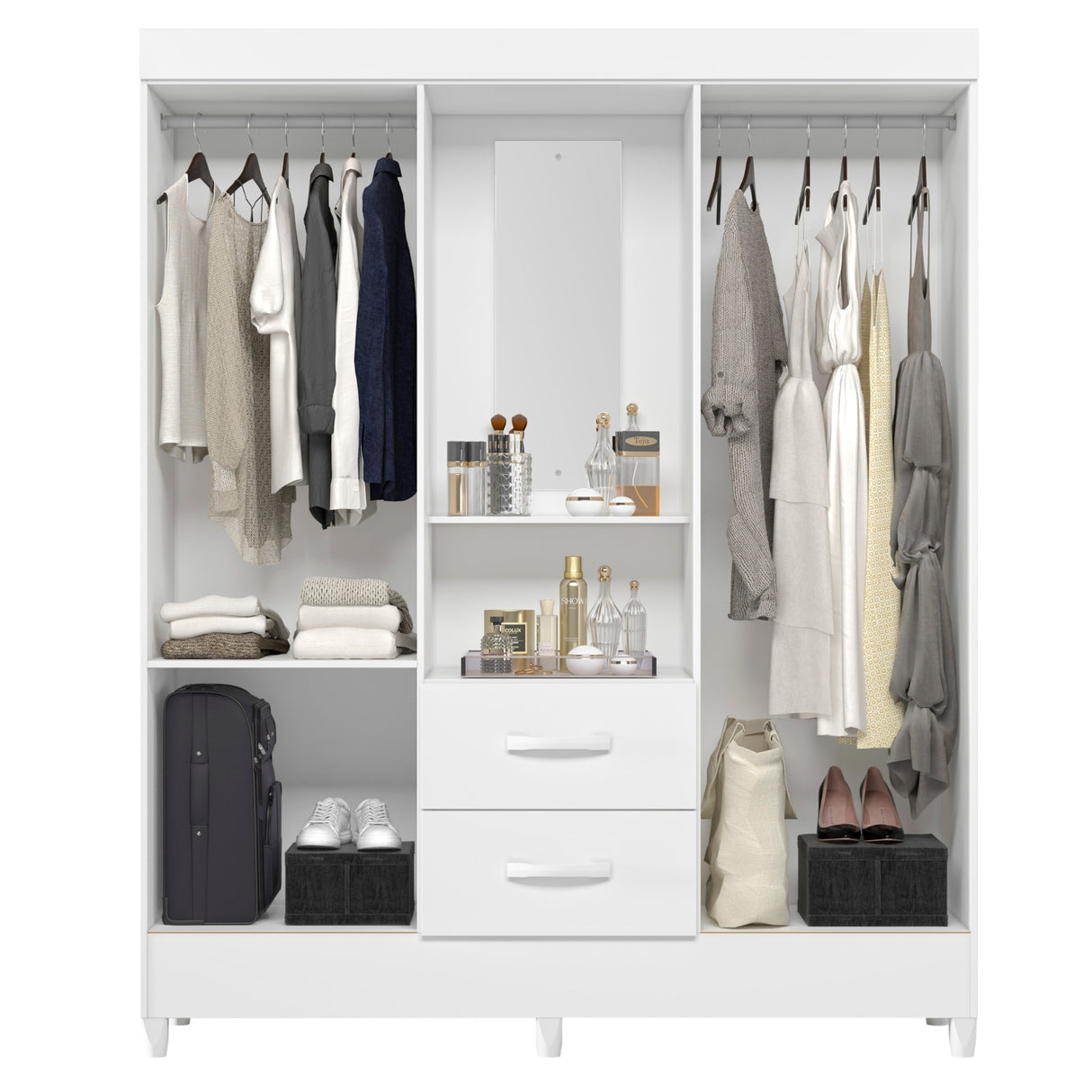 Armario para Ropa Moobi Blanco 147x181cm con Dos Cajones con Cuatro Puertas y con Espejo - CLOSETS | Bylmo