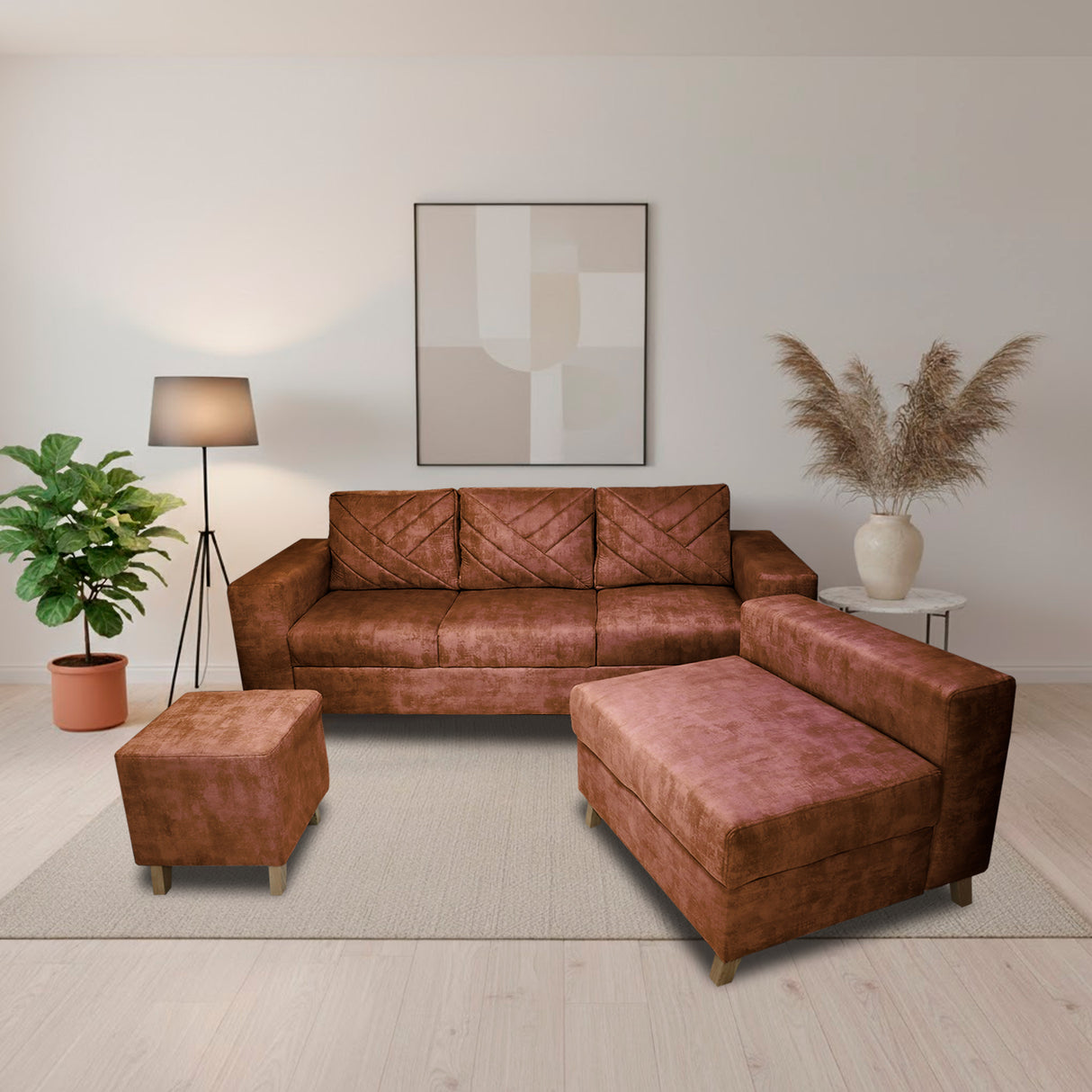 Sala Amsterdam Camel 205x72cm de Tela Amigable con Mascotas + Silla + Puff - SOFAS Y POLTRONAS | Bylmo
