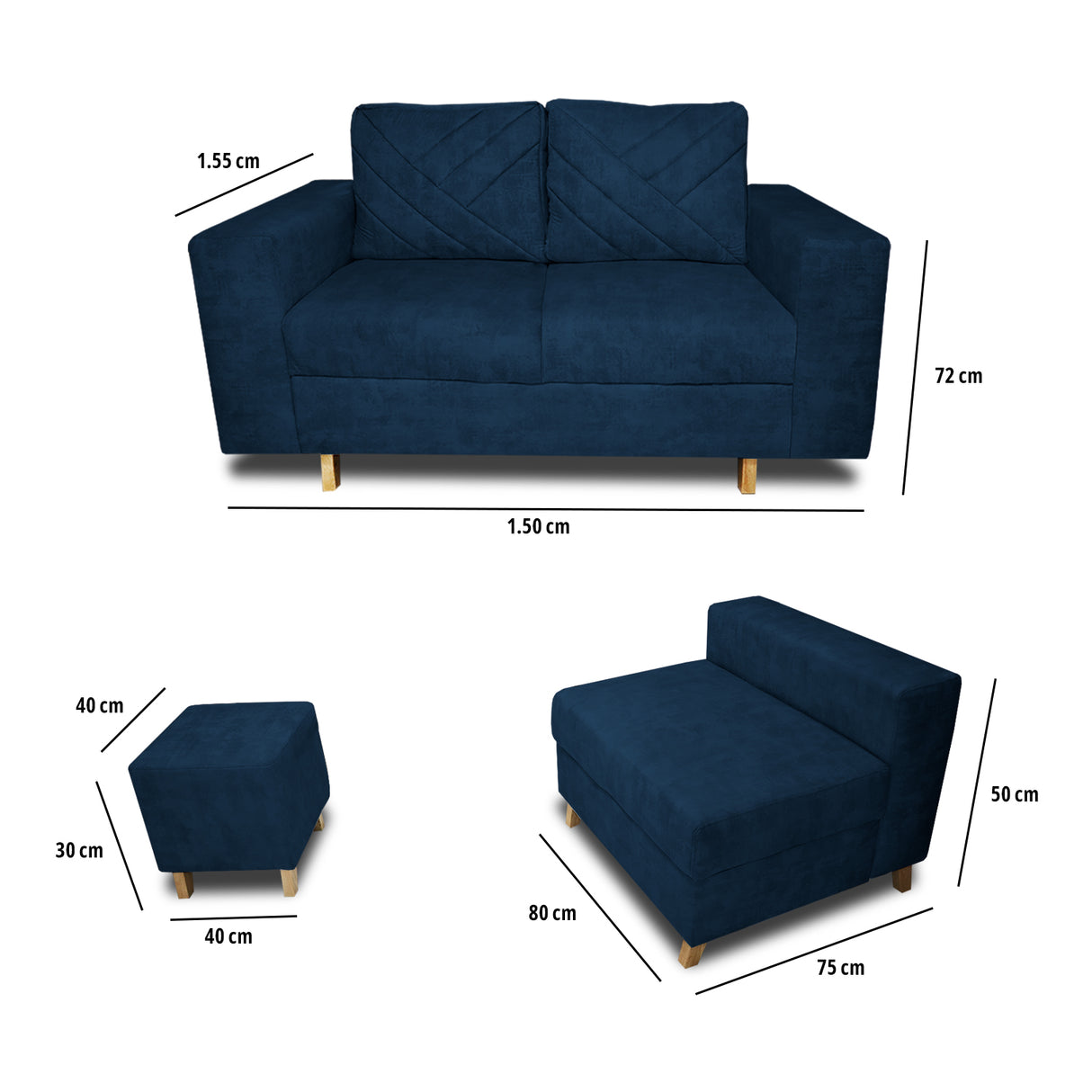 Sala Amsterdam Azul Petróleo 150x72cm de Tela Amigable con Mascotas + Silla + Puff - SOFAS Y POLTRONAS | Bylmo