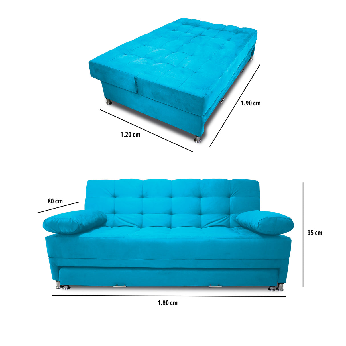 Sofá Cama Tarima Haller Turquesa 190x95cm Reclinable de Tela Amigable con Mascotas de Tres Puestos con Apoya Brazos - SOFAS Y POLTRONAS | Bylmo
