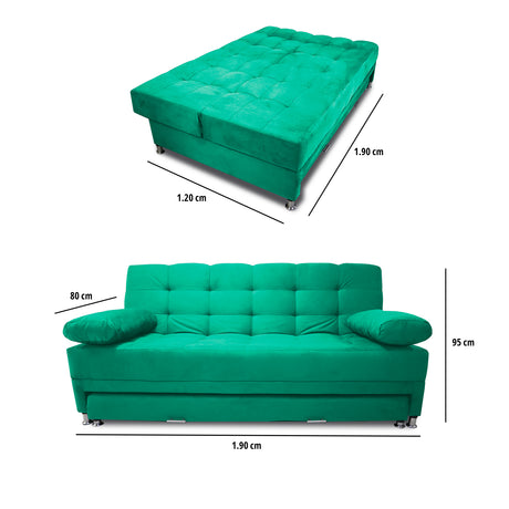 Sofá Cama Tarima Haller Verde 190x95cm Reclinable de Tela Amigable con Mascotas de Tres Puestos con Apoya Brazos - SOFAS Y POLTRONAS | Bylmo