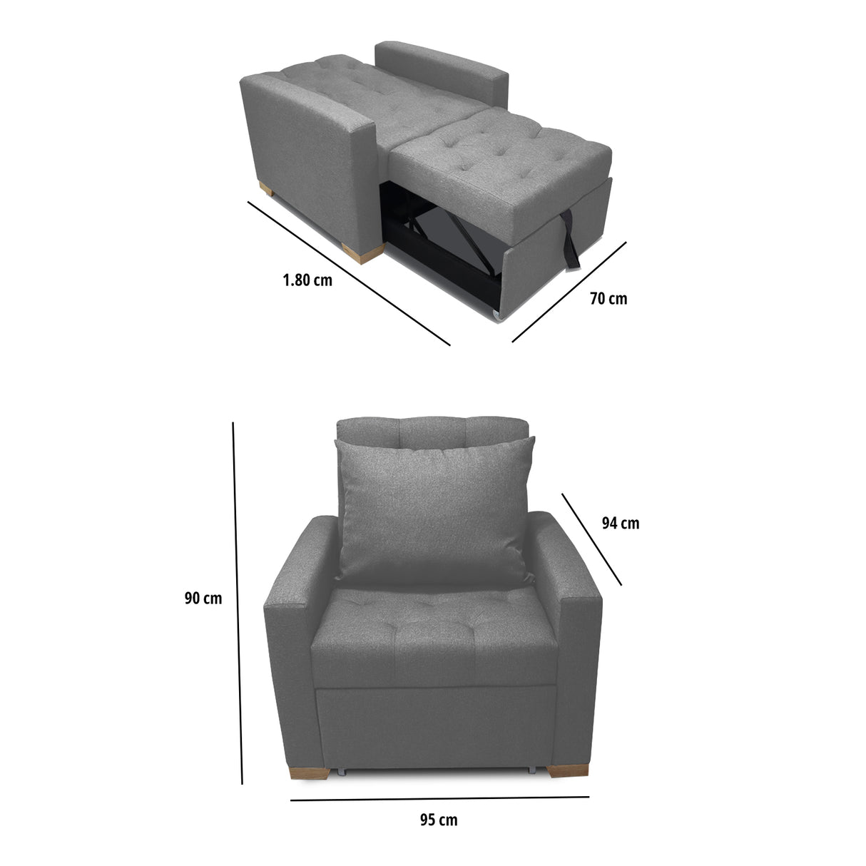 Sofá Cama Sabathy Gris 95x90cm Reclinable de Tela Amigable con Mascotas de Un Puesto con Apoya Brazos - SOFAS Y POLTRONAS | Bylmo