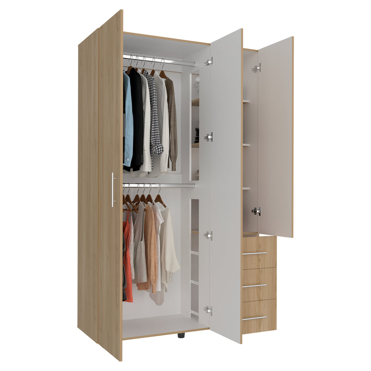 Closet Atenas Fresno Europeo y Blanco 120x200cm con Tres Puertas y con Tres Cajones - CLOSETS | Bylmo
