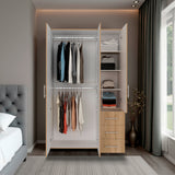 Closet Atenas Fresno Europeo y Blanco 120x200cm con Tres Puertas y con Tres Cajones - CLOSETS | Bylmo