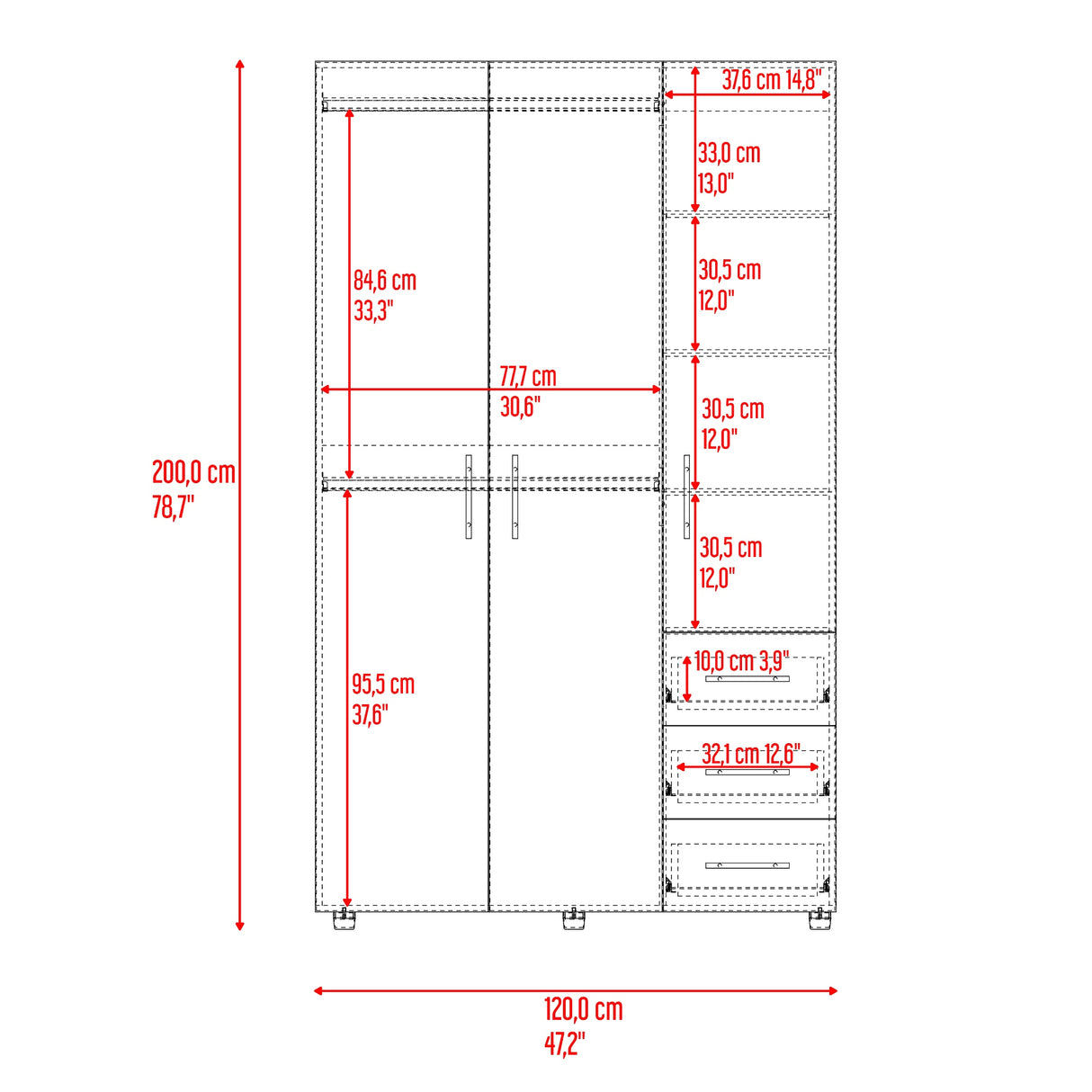 Closet Atenas Fresno Europeo y Blanco 120x200cm con Tres Puertas y con Tres Cajones - CLOSETS | Bylmo