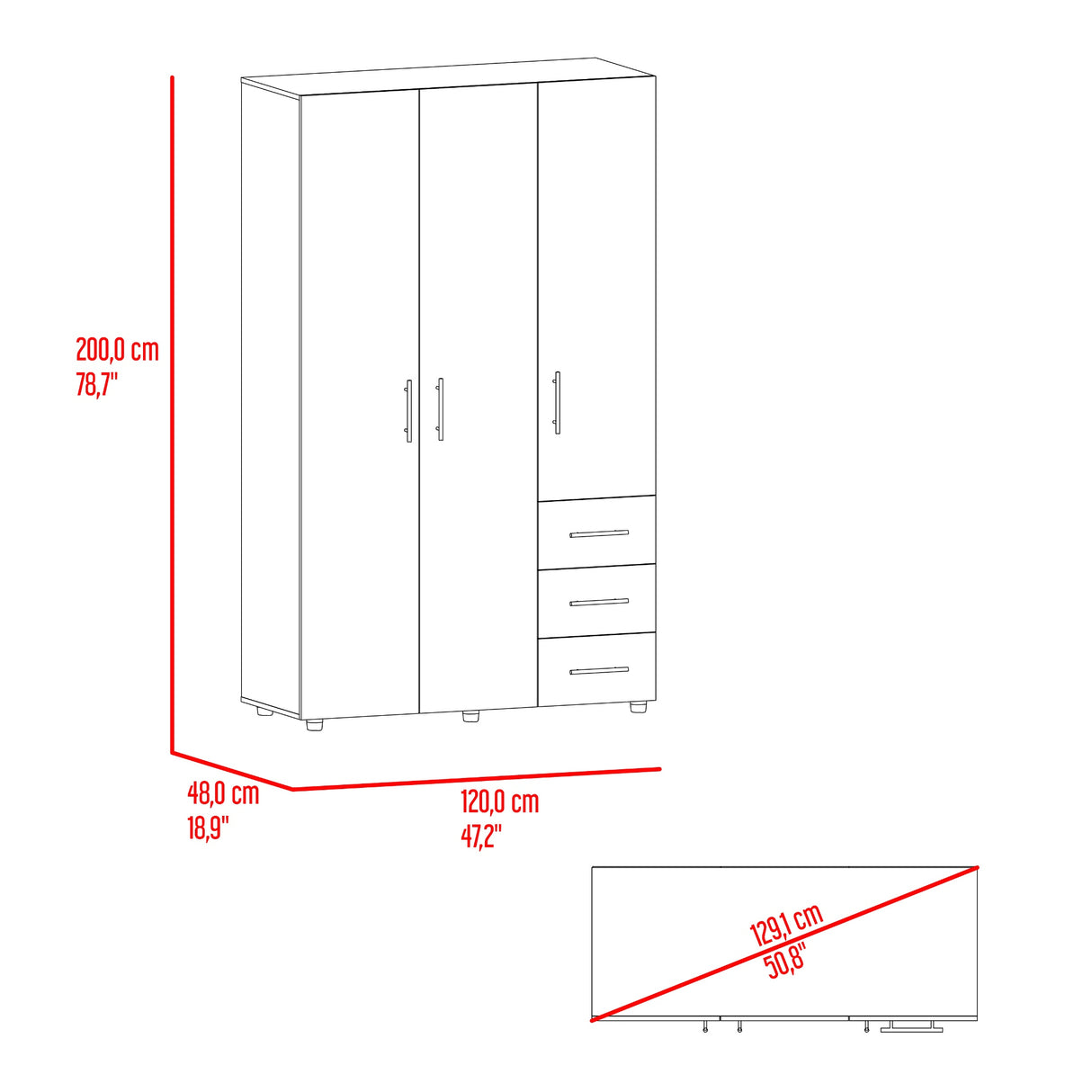 Closet Atenas Fresno Europeo y Blanco 120x200cm con Tres Puertas y con Tres Cajones - CLOSETS | Bylmo