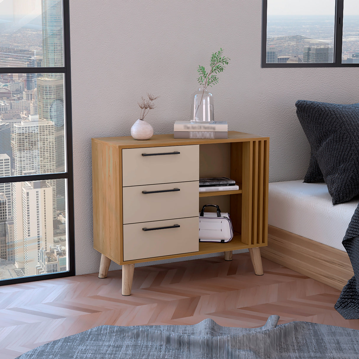 Cajonera Vance Fresno Europeo y Capri 80x64.4cm de Tres Hileras con Tres Cajones - CAJONERAS Y COMODAS | Bylmo