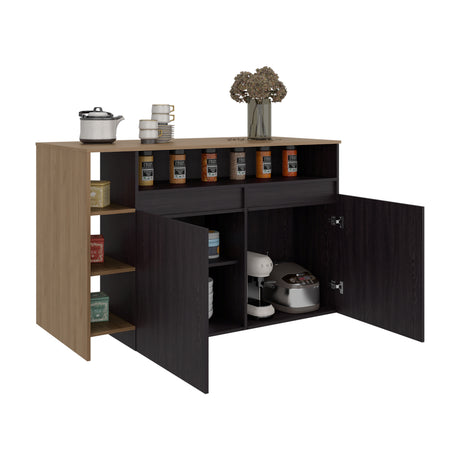 Barra de Cocina Bari Wengue y Fresno 140x90cm con Tres Entrepaños y con Cuatro Compartimientos - BARRAS Y MUEBLES AUXILIARES | Bylmo
