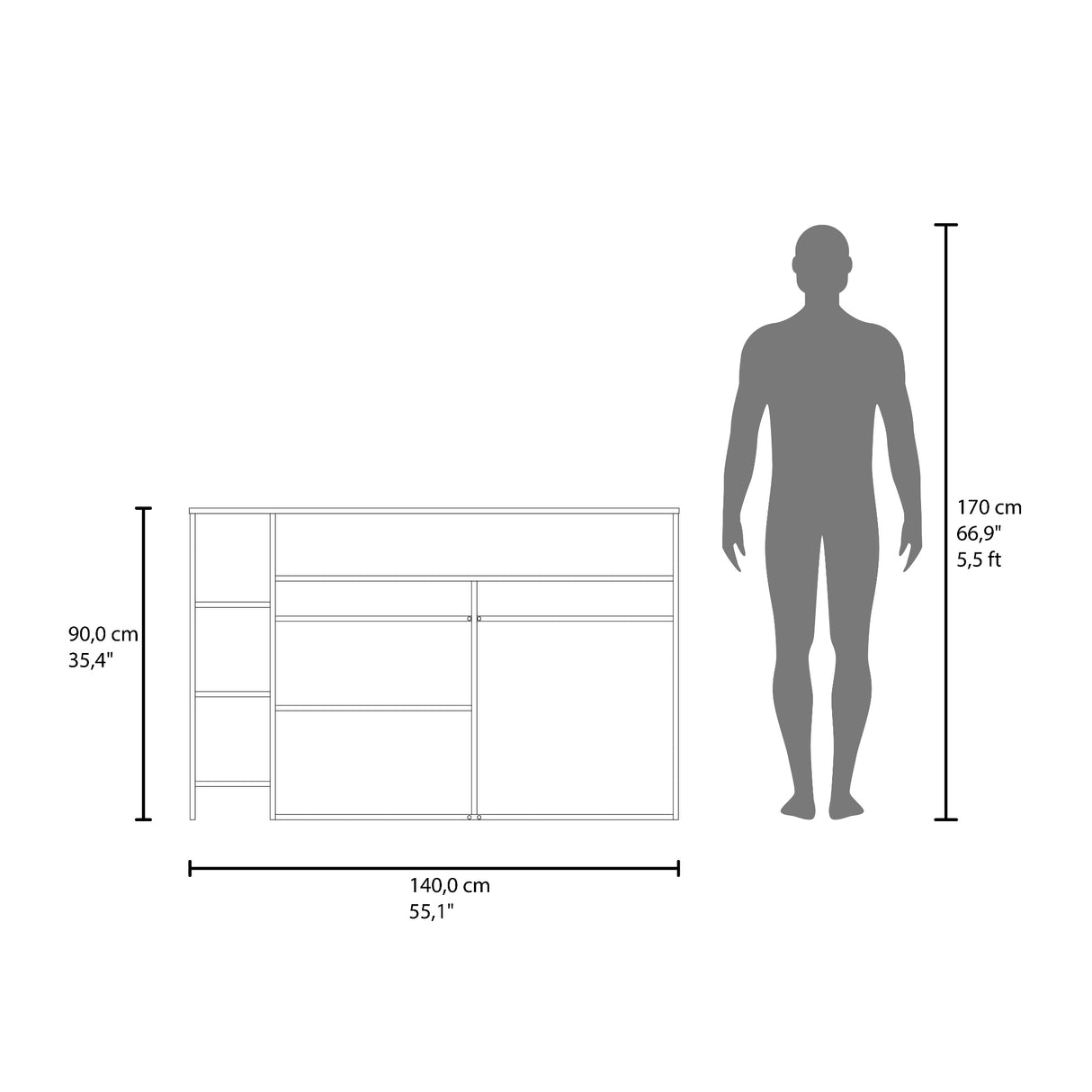 Barra de Cocina Bari Wengue y Fresno 140x90cm con Tres Entrepaños y con Cuatro Compartimientos - BARRAS Y MUEBLES AUXILIARES | Bylmo