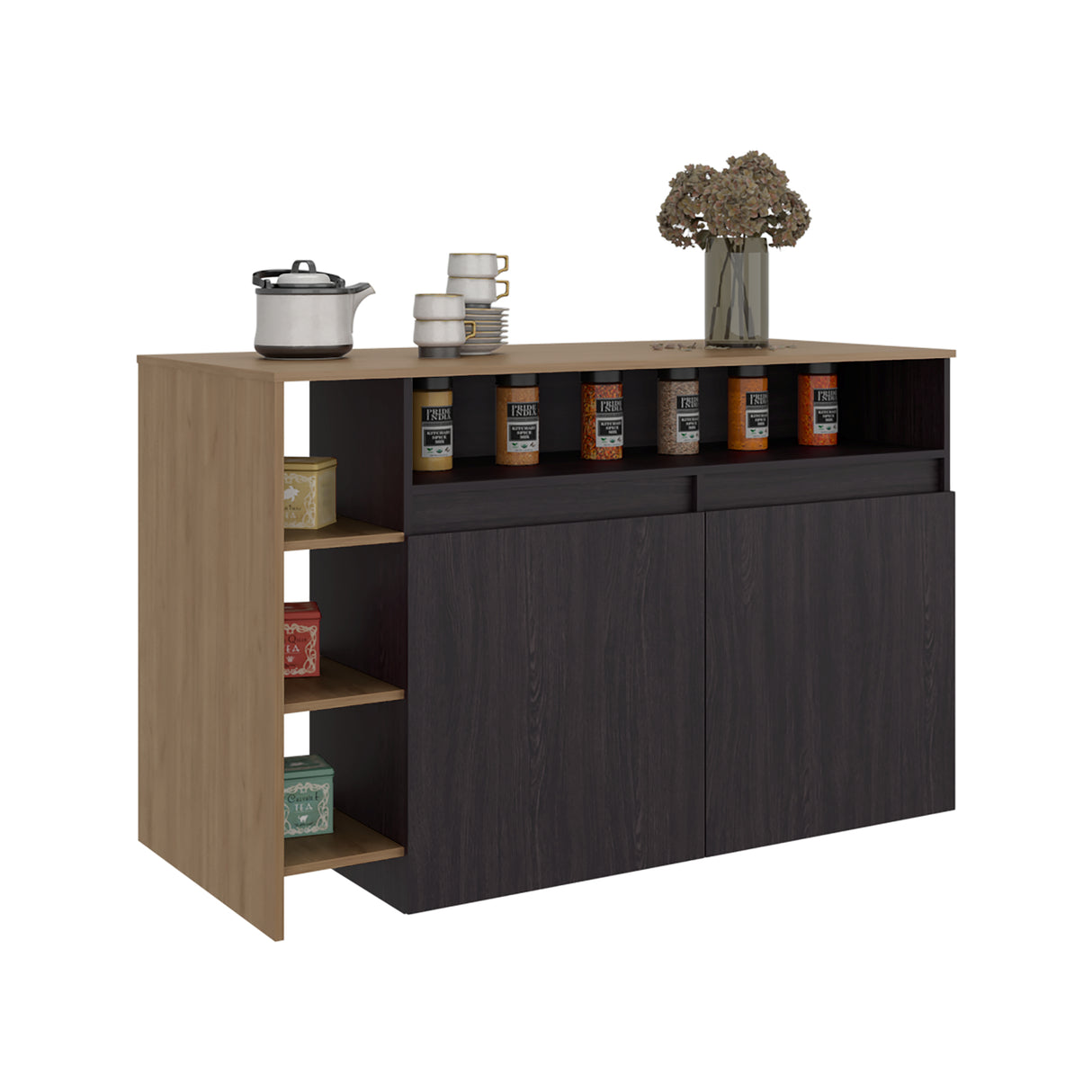 Barra de Cocina Bari Wengue y Fresno 140x90cm con Tres Entrepaños y con Cuatro Compartimientos - BARRAS Y MUEBLES AUXILIARES | Bylmo