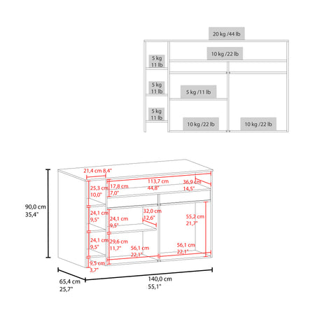 Barra de Cocina Bari Wengue y Fresno 140x90cm con Tres Entrepaños y con Cuatro Compartimientos - BARRAS Y MUEBLES AUXILIARES | Bylmo