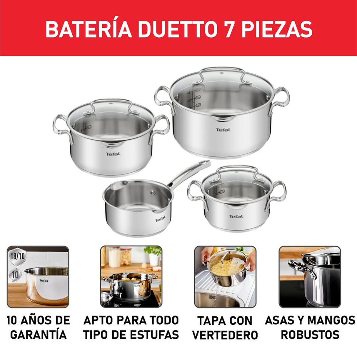 Batería de Cocina Tefal Duetto Plus Plateado 54x19cm de 7 Piezas - OLLAS Y SARTENES | Bylmo