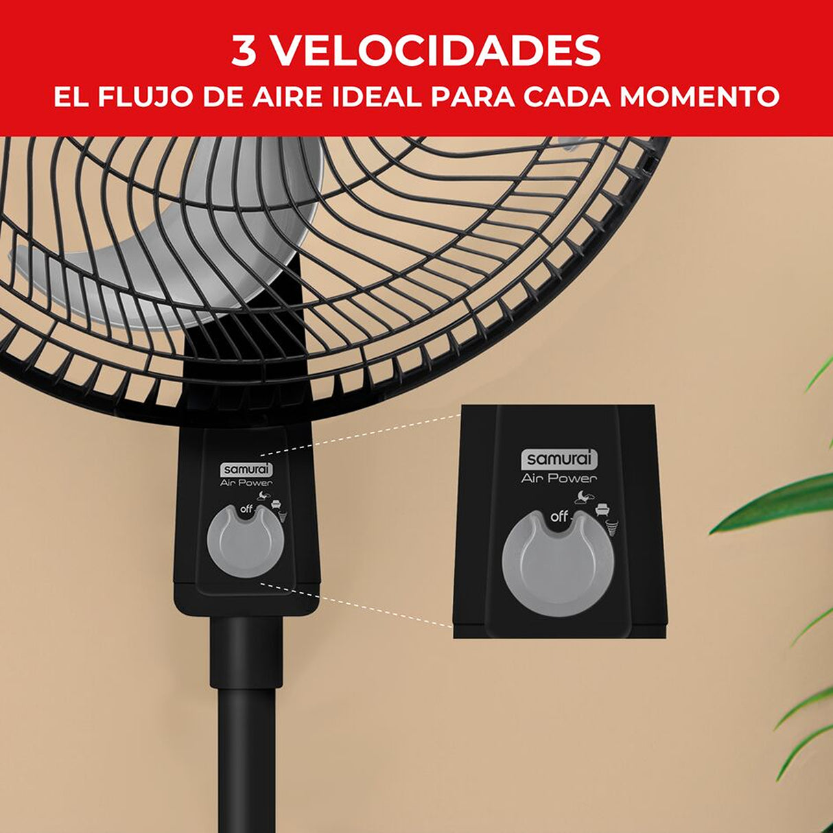 Ventilador de Piso Samurai Air Power Negro 47.4x118cm de 3 Velocidades y con Oscilación - VENTILADORES | Bylmo