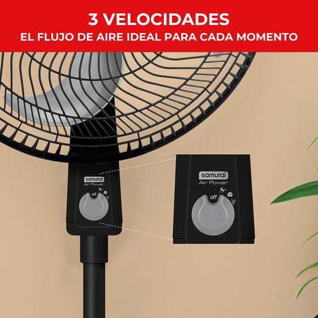 Ventilador de Piso Samurai Air Power Negro 47.4x118cm de 3 Velocidades y con Oscilación - VENTILADORES | Bylmo