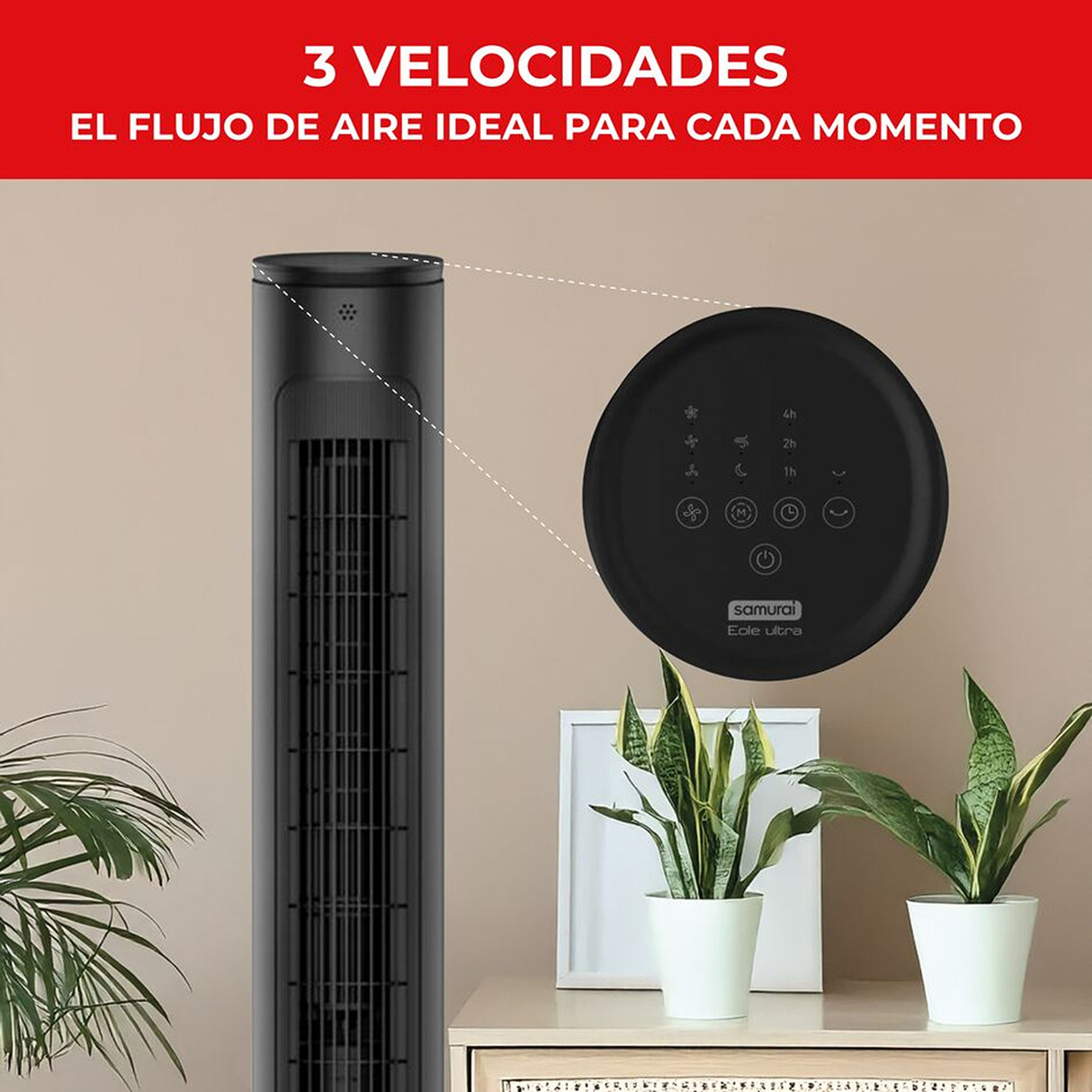 Ventilador de Torre Samurai Eole Negro 30x102.8cm de 3 Velocidades con Control Remoto y con Oscilación - VENTILADORES | Bylmo