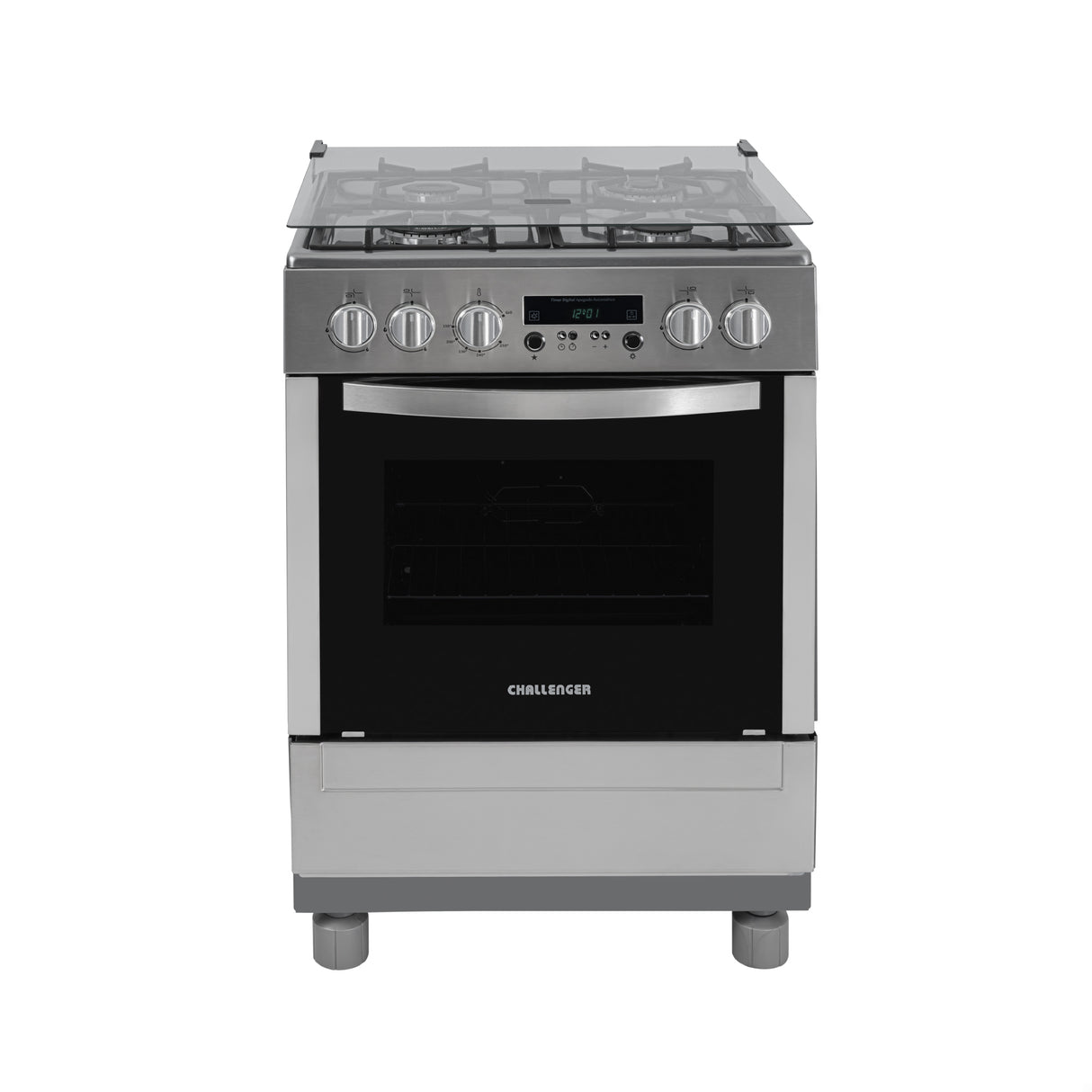 Estufa Challenger Cucina Gris 60x93cm de Gas Natural con Cuatro Quemadores con Pantalla Digital y con Temporizador - ESTUFAS | Bylmo