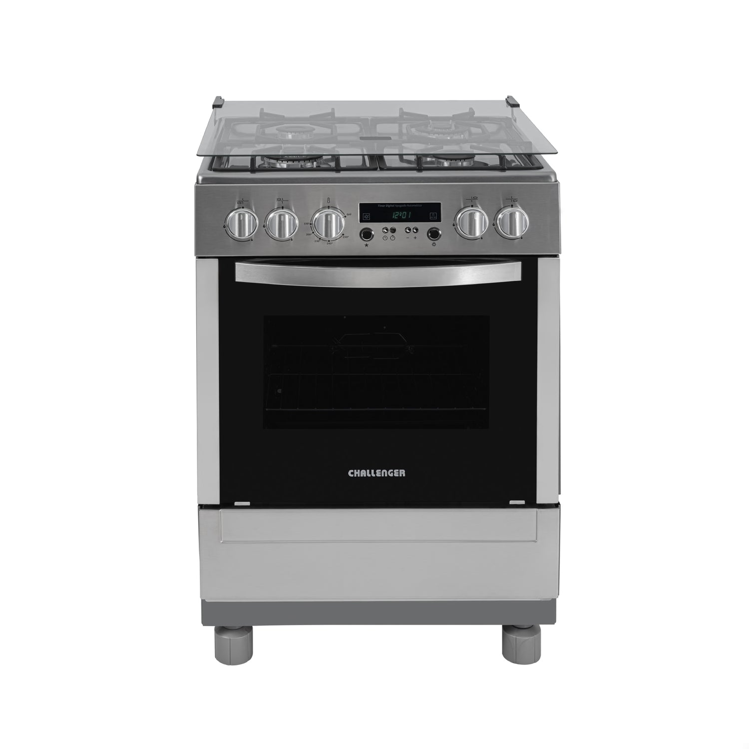 Estufa Challenger Cucina Gris 60x93cm de Gas Natural con Cuatro Quemadores con Pantalla Digital y con Temporizador - ESTUFAS | Bylmo