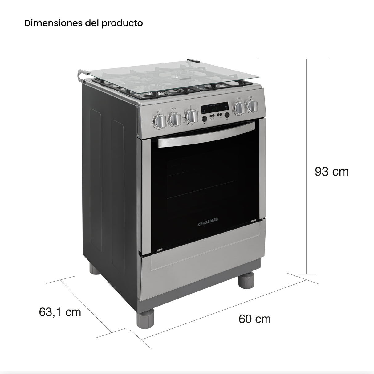 Estufa Challenger Cucina Gris 60x93cm de Gas Natural con Cuatro Quemadores con Pantalla Digital y con Temporizador - ESTUFAS | Bylmo