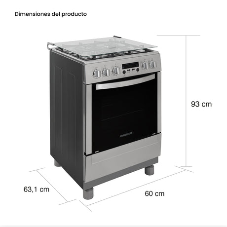 Estufa Challenger Cucina Gris 60x93cm de Gas Natural con Cuatro Quemadores con Pantalla Digital y con Temporizador - ESTUFAS | Bylmo