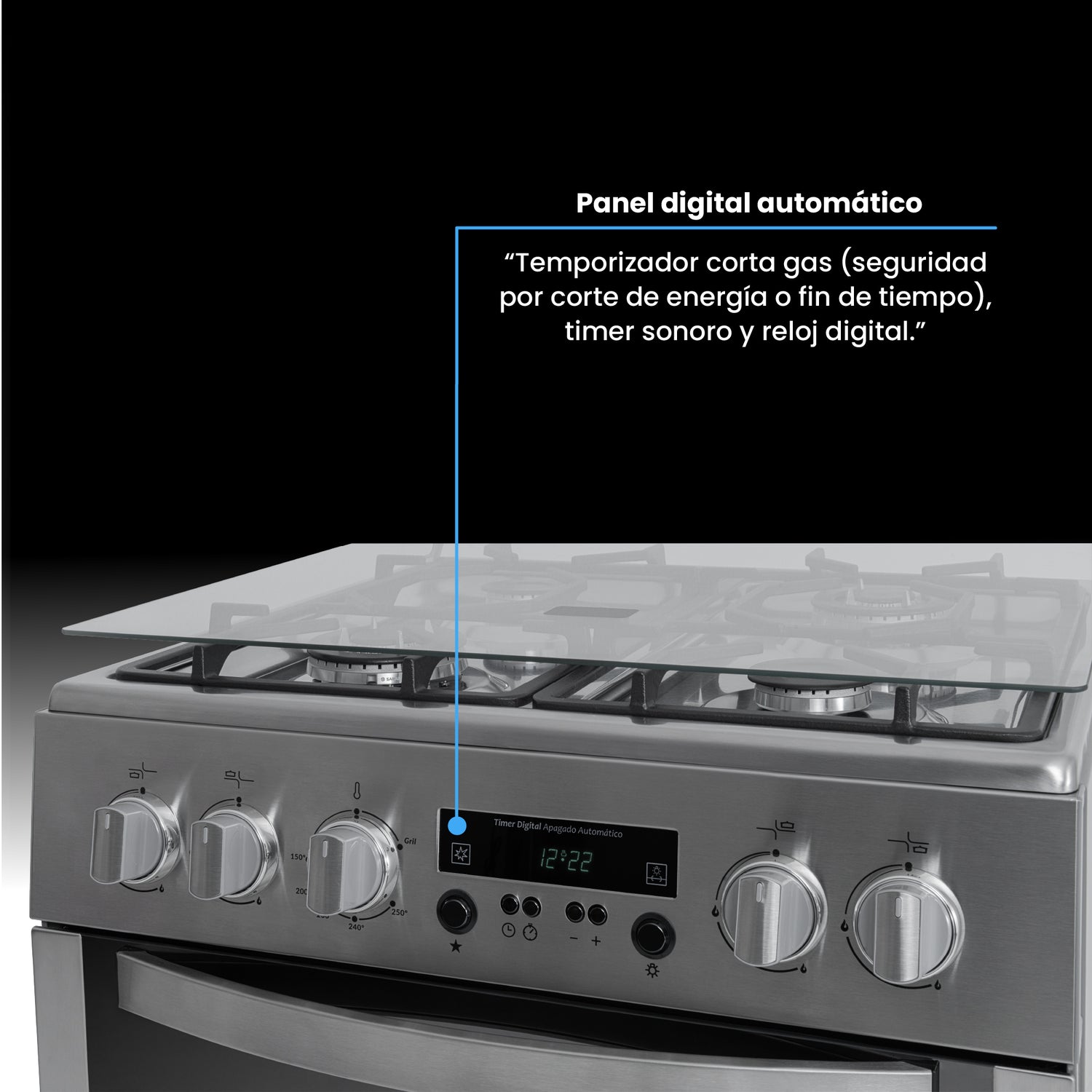 Estufa Challenger Cucina Gris 60x93cm de Gas Natural con Cuatro Quemadores con Pantalla Digital y con Temporizador - ESTUFAS | Bylmo