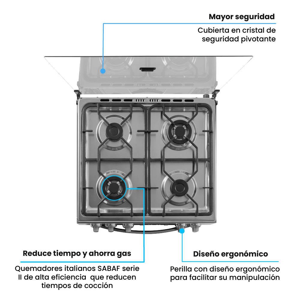 Estufa Challenger Cucina Gris 60x93cm de Gas Natural con Cuatro Quemadores con Pantalla Digital y con Temporizador - ESTUFAS | Bylmo