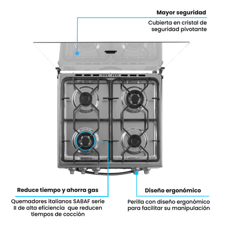 Estufa Challenger Cucina Gris 60x93cm de Gas Natural con Cuatro Quemadores con Pantalla Digital y con Temporizador - ESTUFAS | Bylmo
