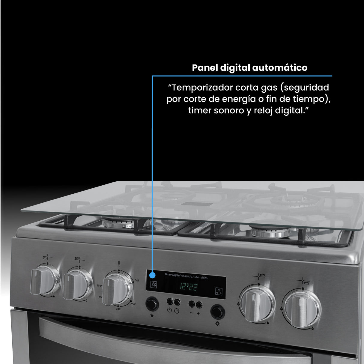 Estufa Challenger Cucina Gris 60x93cm de Gas Propano con Cuatro Quemadores con Pantalla Digital y con Temporizador - ESTUFAS | Bylmo