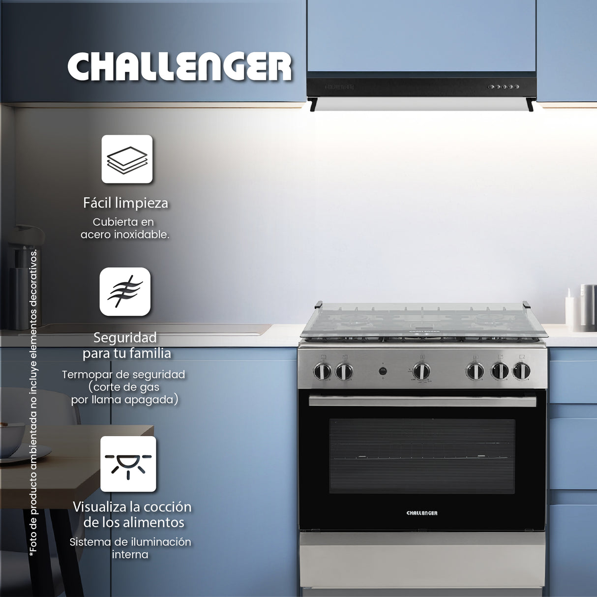 Estufa Challenger Cucina Gris 76x93cm de Gas Propano con Cinco Quemadores - ESTUFAS | Bylmo