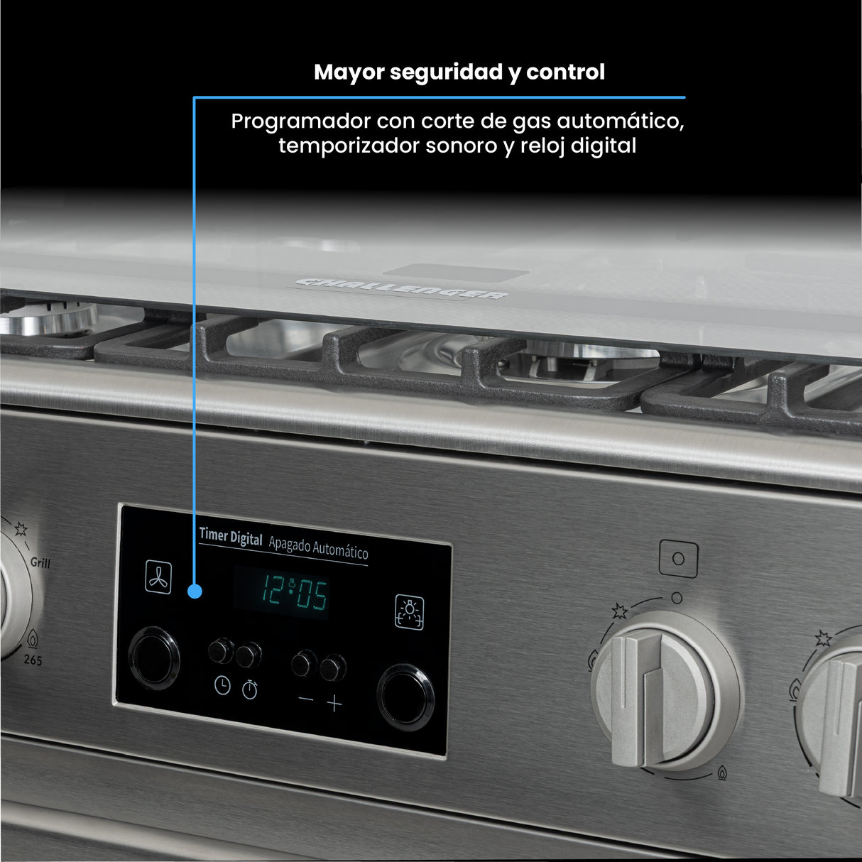 Estufa Challenger Cucina Gris 76x93cm de Gas Propano con Cinco Quemadores y con Temporizador - ESTUFAS | Bylmo