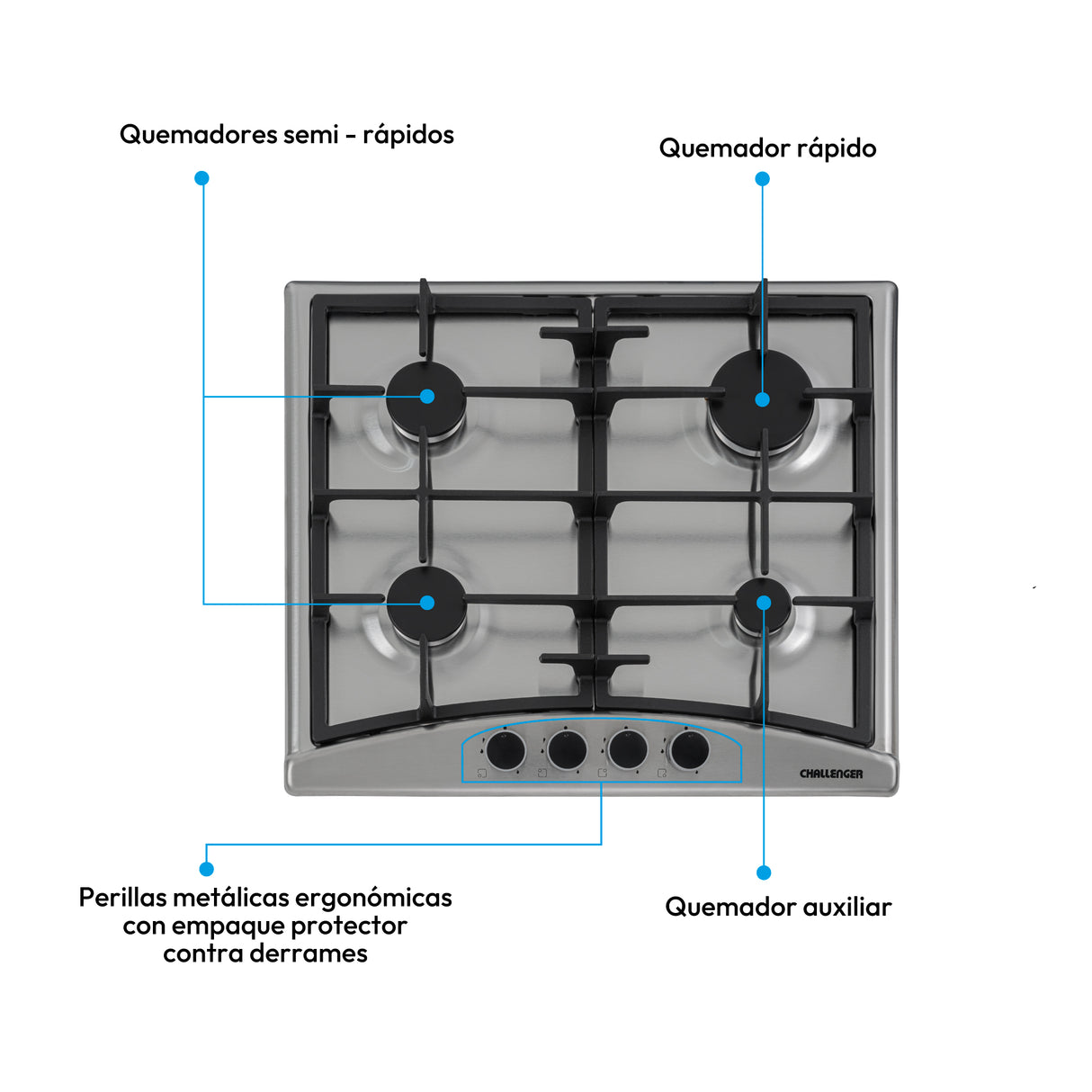Estufa de Empotrar Challenger Alpha Gris y Negro 58.2x51.2cm de Gas Natural con Cuatro Quemadores - ESTUFAS DE EMPORTRAR Y CUBIERTAS | Bylmo